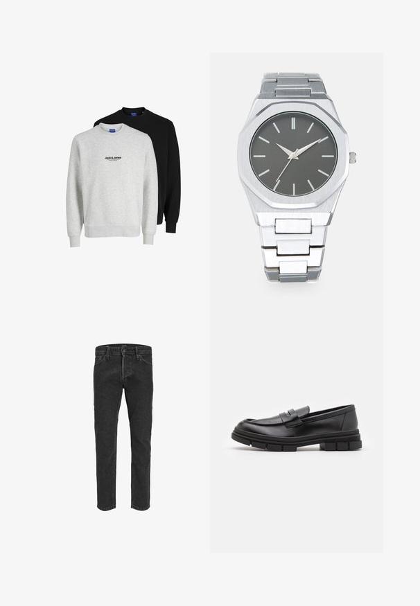 Két pulóver a Jack & Jones-tól: az egyik világosszürke, logóval, a másik fekete. Mindkettő kerek nyakkivágással és bordás mandzsettákkal rendelkezik.; Fekete farmernadrág egyenes szár designnal, öt zsebbel és övhurkokkal, enyhén kopott felülettel és eltérő varrásokkal.; Fekete bőr loaferek sima felülettel, elülső pánt részlettel és vastag, bordázott gumitalpakkal.; Ezüst analóg óra nyolcszögletű tokban, szürke számlappal, ezüst órajelzőkkel és rozsdamentes acél link karkötővel. Minimalista design sima felülettel.
