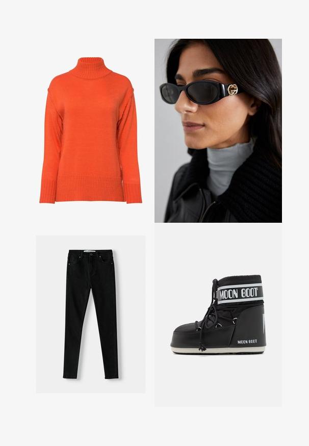 Coltrui in felgroen, met ribbelstructuur, verlaagde schouders en een losse pasvorm met brede manchetten.; Zwarte slim-fit jeans gemaakt van denim, met een klassiek vijf-pocket ontwerp, ritsvlieg en metalen knoopsluiting. Glad oppervlak door het hele stuk.; Zwarte Moon Boot met een gevoerde bovenkant, bevestigd met veters en een kenmerkende witte band met het logo. Dikke, gestructureerde rubberen zool.; Zwarte zonnebril met een stijlvolle rechthoekige montuur en een gouden logo-accent aan de zijkant. Donkere lenzen en een glanzende afwerking zijn opvallend.