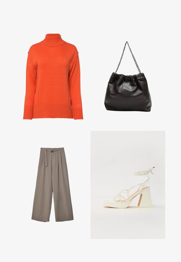 Sweter z golfem w jaskrawym pomarańczowym kolorze, z prążkowaną strukturą, opadającymi ramionami oraz luźnym krojem i szerokimi mankietami.; Spodnie o szerokich nogawkach w miękkim, stonowanym szarym materiale, z paskiem w talii i plisami dla dodania detali projektowych. Gładka tekstura, bez wzorów.; Biała sandał na wysokim obcasie z masywnym słupkiem, z paskowym wzorem i wiązaniem przy kostce. Gładka faktura z platformą z przodu dla dodatkowej wysokości.; Brązowa skórzana torba z marszczonym szczytem i łańcuszkowym paskiem. Gładka tekstura z błyszczącym wykończeniem i subtelnymi detalami szwów po bokach.