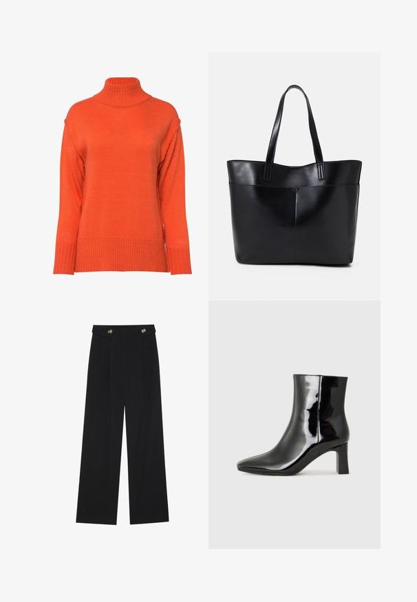 Paita poolokauluksella kirkasoranssina, jossa on ribbauskudos, pudotetut olkapäät ja rento istuvuus leveillä hihansuilla.; Mustat leveälahkeiset housut, joissa on korkea vyötärö, napit vyötärönauhassa ja etupuolella laskokset.; Musta patenttilakattu nilkkuri, jossa on terävä kärki ja keskipitkä lohkarekorko. Silkkinen pinta ja minimalistinen muotoilu.; Musta nahkainen kassi, jossa on kaksi pitkää kahvaa, sileä pinta ja jämäkkä muoto. Sisältää etutaskun lisävarastointia varten.