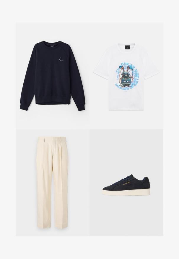 Sudadera azul marino de algodón suave, con un cuello redondo, mangas largas tipo raglán y un pequeño gráfico blanco en el pecho.; Camiseta blanca con un gráfico de un conejo mecánico sosteniendo una cinta de casete, rodeado de texto azul que dice "PS Paul Smith Records & Tapes."; NN.07 KAY - Pantalones - off white; Zapatilla baja de ante azul marino con suela blanca, cordones azul marino y logo de "Filling Pieces" en dorado en el lateral.