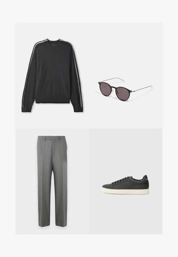 Tamsiai pilkas megztinis ilgomis rankovėmis, apvaliu iškirpimu, baltais šonų dryžiais, su guma apdirbtomis rankovėmis ir apačia, su subtiliu logotipu ant krūtinės.; Pilkos spalvos suknelės kelnės iš tekstūruotos medžiagos, tiesios kojų linijos ir plokščio priekio, su diržo kilpomis ir be matomų kišenių.; Juodos odinės sportinės bateliai su žemu profiliu, apvaliu pirštu ir raištelių uždarymu; turi tekstūruotą guminį padą ir logotipo detalę ant kulno.; Juodos apvalios saulės akinių su tamsiais lęšiais ir plonomis metalinėmis šakomis. Įtraukti skaidrūs šventyklų galai ir sidabriniai akcentai vyrio srityje. Minimalistinis dizainas.