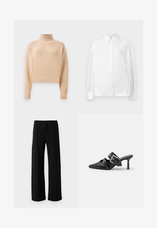 Beige lõikepulli, millel on ribatud kõrge kaelus ja varrukad. Pehme tekstuur, minimalistlik disain, millel on rindkere peene logoga detail.; Valge pikka varrukat nuppude jaotuse särk, mis on valmistatud siledast puuvillasegust. Omab klassikalist krae, ees nuppude sulgemist ja ümarate mansettidega.; Mustad sirged püksid elastse vöökoha ja peene tekstuuriga mustril kogu kanga ulatuses valgel taustal.; Mustad mustad kõrged kontsad, terava toe ja siledast nahast. Omab laia pahkluu rihma ruudukujulise hõbedase klambri ja nurgakujuliste naeltega.