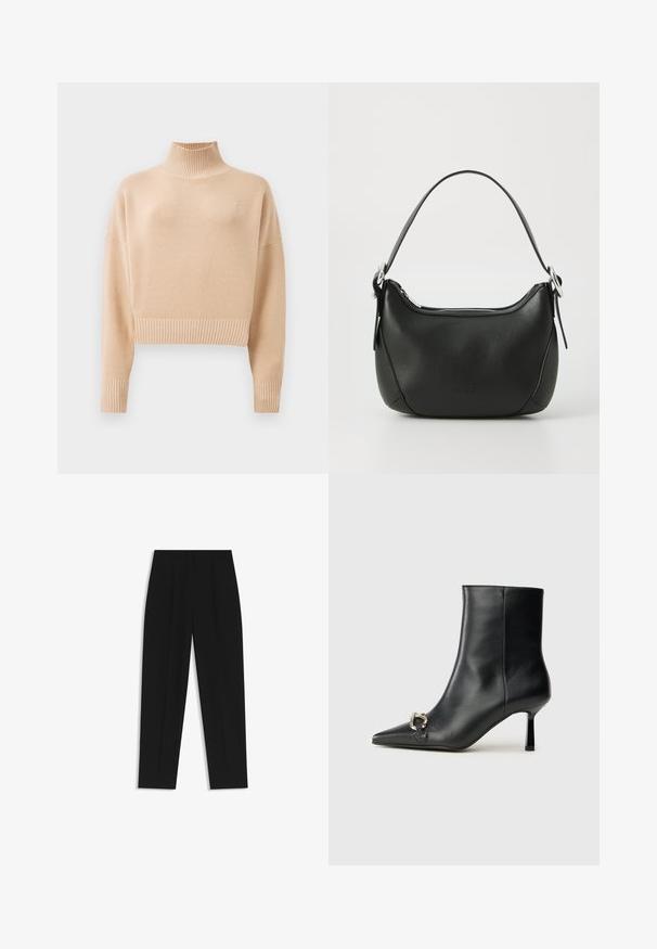 Beige cropped sweater with a ribbed turtleneck and cuffs. Soft texture, minimal design, featuring a subtle logo detail on the chest.; Black trousers with a straight fit, featuring double pleats, a smooth texture, and a classic waistband design. No visible hardware or accents.; Black leather ankle boot with pointed toe, slim mid-height heel, and silver buckle detail on side against plain background.; Black leather handbag with a curved shape, silver zipper, and a short handle. Features a subtle logo on the front and smooth texture.
