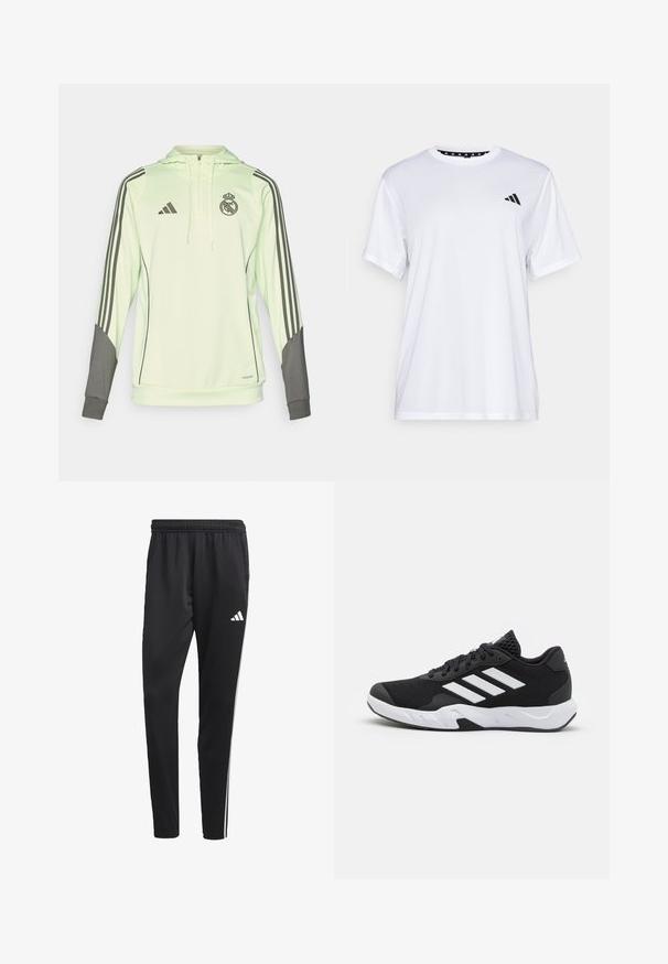Hellgrüner Kapuzensweatshirt mit grauen Akzenten, versehen mit drei schwarzen Streifen an den Ärmeln, Adidas-Logo und dem Wappen von Real Madrid.; Weißes sportliches T-Shirt mit kurzen Ärmeln, aus feuchtigkeitsableitendem Material. Mit einem schwarzen Logo auf der linken Brust und einem gemusterten Innenkragen.; Schwarze Sporthose mit einem dehnbaren Bund, weißen Seitenstreifen und einem kleinen weißen Logo auf dem Oberschenkel. Hergestellt aus einem glatten, leichten Material.; Schwarze Sportschuhe mit einem strukturierten Mesh-Obermaterial, weißen Akzentstreifen, einer gepolsterten Sohle und einer verstärkten Ferse für Unterstützung.