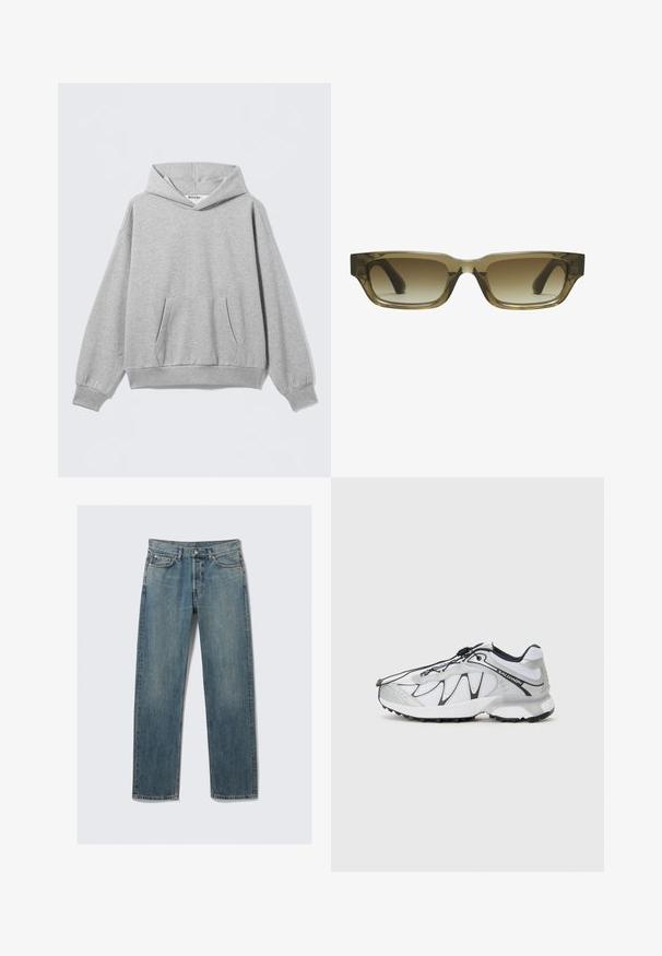 Light grey hooded sweatshirt made of soft fabric, featuring a front pocket, ribbed cuffs, and a relaxed fit with a label at the neckline.; Blue straight-leg denim jeans with front and coin pockets, belt loops, and a metal button closure on a plain background.; White athletic shoes with a mesh upper, black accents, textured rubber sole, and elastic lacing system. Lightweight with a modern design.; Brown gradient sunglasses with a rectangular shape, thick chunky frames, and black temples. Transparent brown material adds dimension.