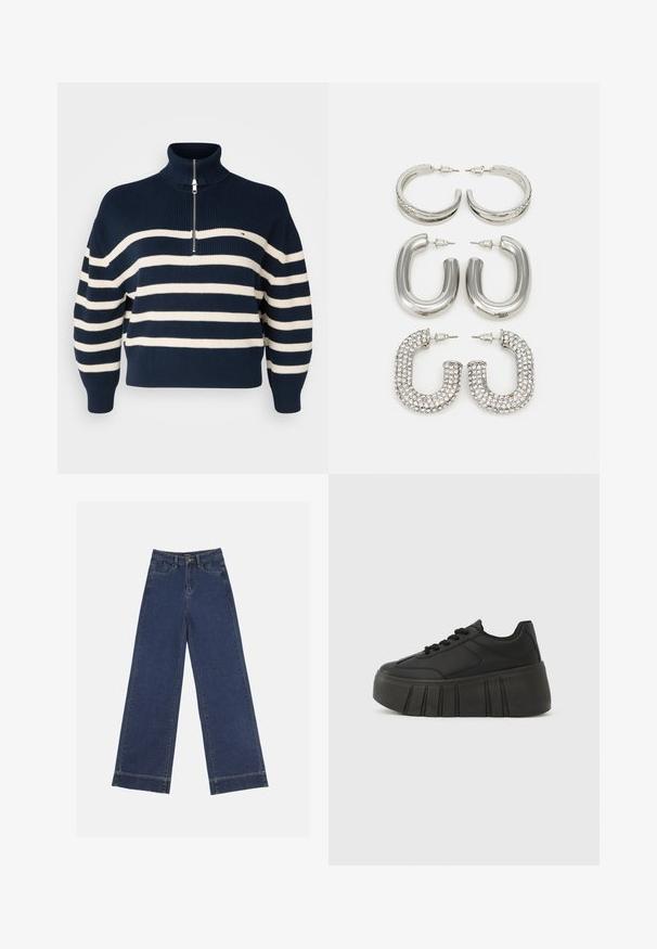 Marineblå og hvitstripet strikkegenser med høy krage, halv glidelås foran og ribbestrikkede mansjetter og nederkant. Har et lite logo på brystet.; Videbenede dressbukser i mørkeblå denim. Har fem lommer, beltestropper og en rå kant i bunden med synlige stikninger.; Svarte plattform-sneakers med en glatt syntetisk overdel, rundet tå, snøring og en tykk, rillestøpt såle for ekstra høyde.; Fire par med sølvøredobber: to blanke glatte hoop-design, ett med tekstur og ett dekket med små klare rhinestones.