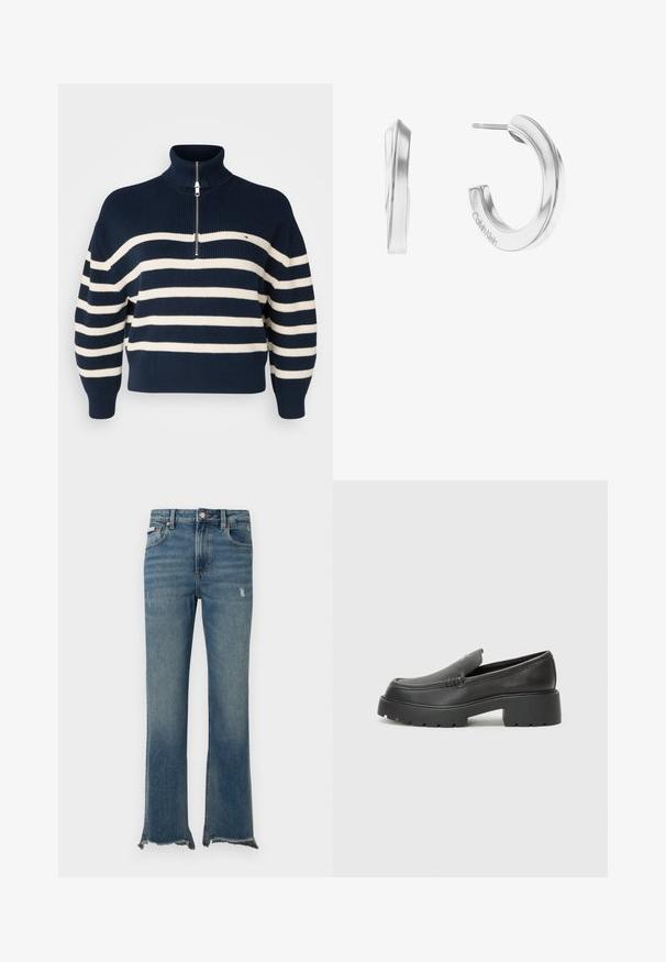 Marineblå og hvitstripet strikkegenser med høy krage, halv glidelås foran og ribbestrikkede mansjetter og nederkant. Har et lite logo på brystet.; Blå denimjeans med lett slitasje, rå frynsete kanter, frontlommer, beltestropper og knappelukking.; Sorte skinnloafers med rund tå, tykk teksturert såle og minimale sømdetaljer. Strømlinjeformet design uten synlige snørebånd eller hardvarer.; Sølv hoops øreringer med et glatt, buet design. Metallet er polert, med minimalistisk maskinvare og en subtil gravert logo.