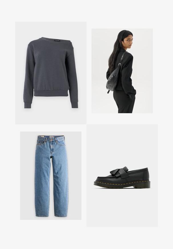 Hallin hall füüsilisest kangast valmistatud hall dressipluus, mis on varustatud ümmarguse kaelusega, pikkade varrukatega ja kergelt lühendatud hammastega, ribatud varruka ja vöökohaga.; Heledad sinise denimi teksased, sirge lõikega, viie taskuga, lukuga ja õrnalt pleekinud tekstuuriga. Klassikaline stiil, minimaalsete detailidega.; Mustad nahast loafers ümmarguse toe ja fribulaga detailiga, millel on dekoratiivne riba ees ja mis on paigutatud paksule kannale.; Pikkade tumehaired naine mustas ülikonnas, kandes musta nahast õlakotti, vaatab üle õla valge tausta taustal.