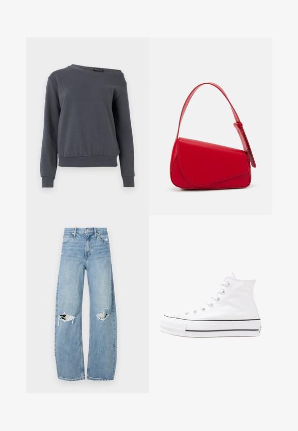 Sweatshirt cinza feito de tecido suave, com gola redonda, mangas longas e uma barra ligeiramente encurtada com punhos e faixa da cintura canelados.; Jeans de lavagem clara, de cintura alta, feitos de denim. Apresentam pernas largas, duas áreas rasgadas nos joelhos e o estilo clássico de cinco bolsos.; Sapatilha alta de tela branca com sola de borracha preta, bico de borracha na frente e seis ilhós para os atacadores, apresentando um design limpo e minimalista.; Bolsa de mão em couro vermelho com um design angular e geométrico. Apresenta uma única alça ajustável e um fecho com aba, com detalhes cosidos.