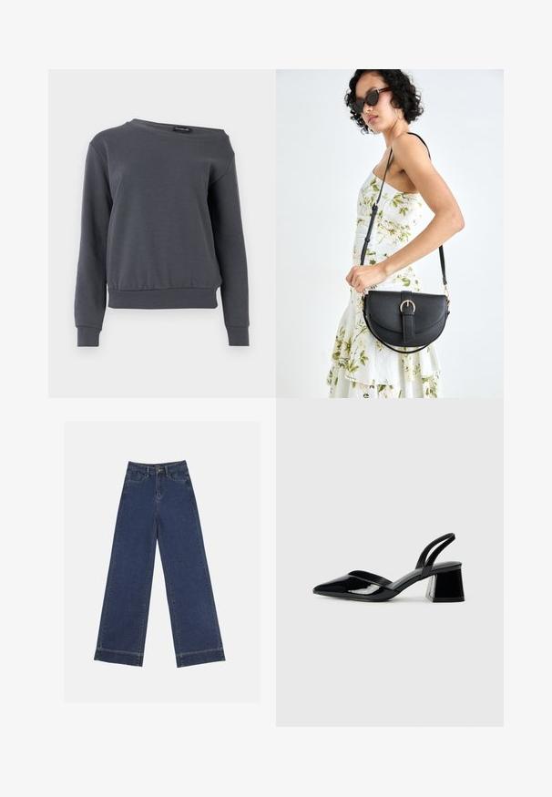 Gray sweatshirt made of soft fabric, featuring a crew neck, long sleeves, and a slightly cropped hem with ribbed cuffs and waistband.; Wide-leg jeans in dark blue denim. Features five pockets, belt loops, and a raw hem at the bottom with visible stitching details.; Black patent leather slingback heels with a pointed toe and a geometric block heel. Features a sleek, minimal design and smooth texture.; Black leather handbag with a curved shape, detachable strap, and gold hardware. The bag features a flap with a buckle detail.
