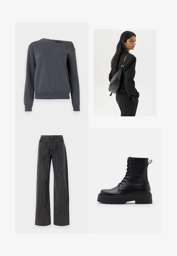 Sivi dukserica izrađena od mekanog materijala, s okruglim izrezom, dugim rukavima i lagano skraćenim rubom, s rebrastim manžetama i pojasom.; Noisy May NMJANNEL LOOSE - Traperice opuštenog kroja - black denim; Crne kožne gležnjače s okruglim vrhom, vezanjem sprijeda i debelim gumenim potplatom s teksturiranim uzorkom. Tipa: traka za vuču na stražnjoj strani.; Žena s dugom tamnom kosom koja nosi crno odijelo, drži crnu kožnu torbu preko ramena i gleda unazad na bijeloj pozadini.; Srebrne okrugle naušnice s minimalističkim dizajnom. Kružni oblik, glatka tekstura i tanak profil. Lagane s poliranim završetkom.