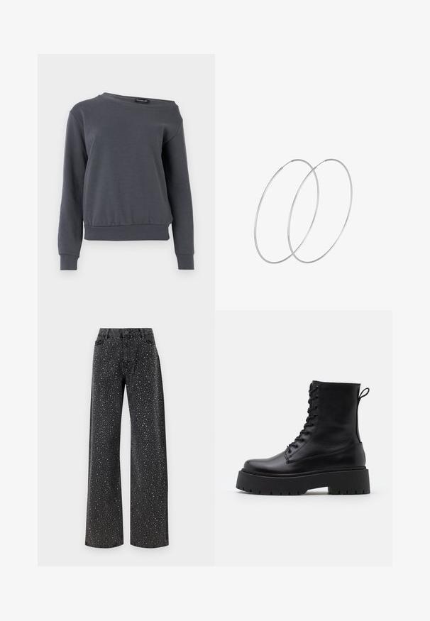 Grå sweatshirt gjord av mjukt material, med rund hals, långa ärmar och en något kortad fåll med ribbade muddar och midjeband.; Noisy May NMJANNEL LOOSE - Jeans relaxed fit - black denim; Svarta läderankelboots med rund tå, snörning framtill och en tjock gummisula med strukturerat mönster. Dragflik bak.; Silverfärgade hoopörhängen med en minimalistisk design. Cirkulär form, slät yta och tunn profil. Lätta med en polerad finish.
