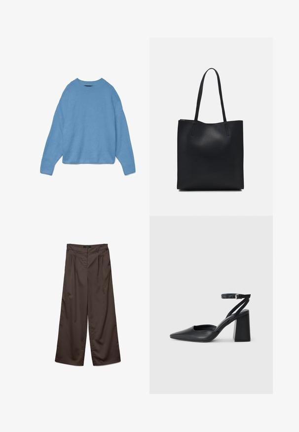 Light blue knitted sweater with a round neckline, drop shoulder design, and ribbed cuffs and hem. Soft texture, relaxed fit.; Wide-leg trousers in dark brown fabric with a smooth texture. Features include pleats at the front and a standard waistband.; Black leather pointy-toe pump with an ankle strap and a chunky heel. Flat texture, sleek design, and minimalistic aesthetics.; Black leather tote bag with smooth texture, rectangular shape, and two long handles. No visible hardware or embellishments.