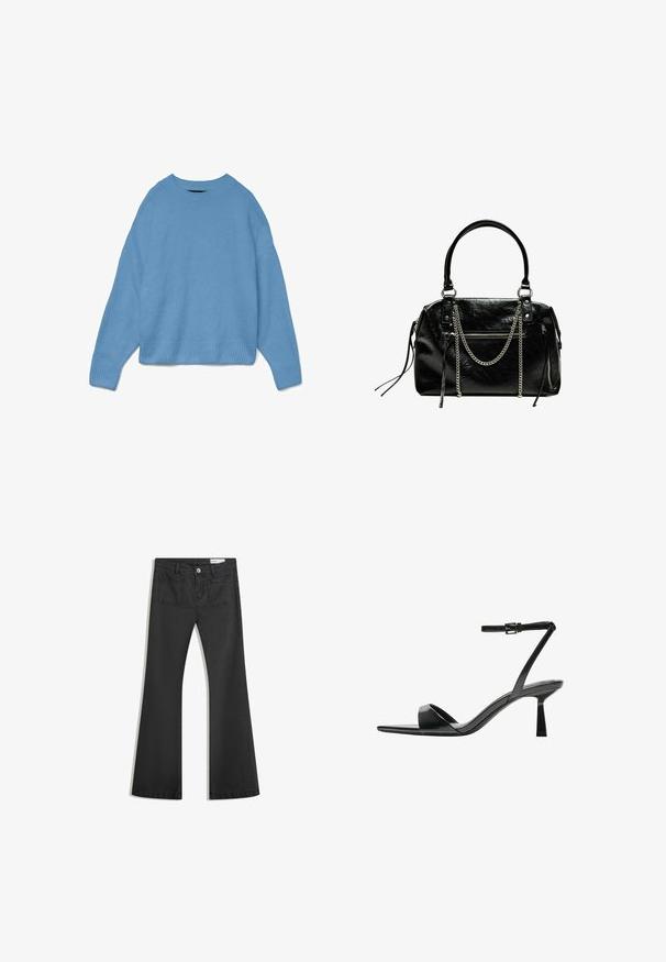 Maglione lavorato a maglia di colore blu chiaro, con scollo tondo, design a spalla scesa e polsini e orlo a costine. Texture morbida, vestibilità rilassata.; Jeans neri a campana realizzati in denim con una texture liscia, dotati di due tasche posteriori e chiusura con bottone in vita.; Bershka Sandali con tacco - black; Bershka WITH CHAIN - Borsa a mano - black