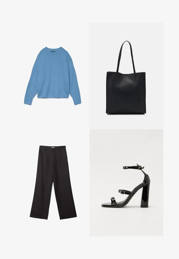 Světle modrý pletený svetr s kulatým výstřihem, designem s kleslými rameny a žebrovanými manžetami a lemem. Měkká textura, volný střih.; Černé široké kalhoty vyrobené z hladké tkaniny, s předním zipem a dvěma bočními kapsami, s dobře padnoucím střihem a minimalistickým designem.; Černé lakované sandály na podpatku se čtveratou špičkou, lýtkovými pásky a stříbrnými přezkami. Disponují masivním blokovým podpatkem pro stabilitu.; Černá kožená taška přes rameno s hladkým povrchem, obdélníkovým tvarem a dvěma dlouhými uchy. Žádné viditelné kování ani ozdoby.