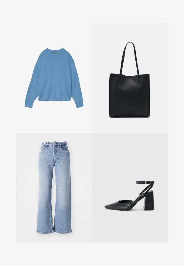 Gaiši zils adīts džemperis ar apaļu kakla izgriezumu, nolaidītiem pleciem un ribotām piedurknēm un apakšmalu. Mīksta tekstūra, brīvs piegriezums.; Gai zilganzs augsta jostas platajām biksēm ar priekšējām un aizmugurējām kabatām, pogu aizdari un nelielu izbalējumu gurnos un apakšmalās.; Melna ādas augstpapēžu kurpe ar norakstīto purngala formu, potītes siksniņu un masīlu papēdi. Gluda tekstūra, elegants dizains un minimālisma estētika.; Melnas ādas somiņa ar gludu tekstūru, taisnstūra formu un divām garām rokturiem. Nav redzamu aparatūras vai rotājumu.