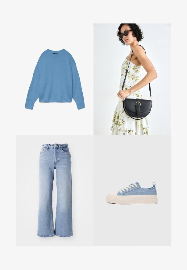 Light blue knitted sweater with a round neckline, drop shoulder design, and ribbed cuffs and hem. Soft texture, relaxed fit.; Light blue high-waist wide-leg jeans with front and back pockets, button closure, and subtle fading on the thighs and hems.; Light blue canvas sneakers with a cream rubber toe cap and outsole, featuring white laces and a pull tab on the heel.; Black leather handbag with a curved shape, detachable strap, and gold hardware. The bag features a flap with a buckle detail.