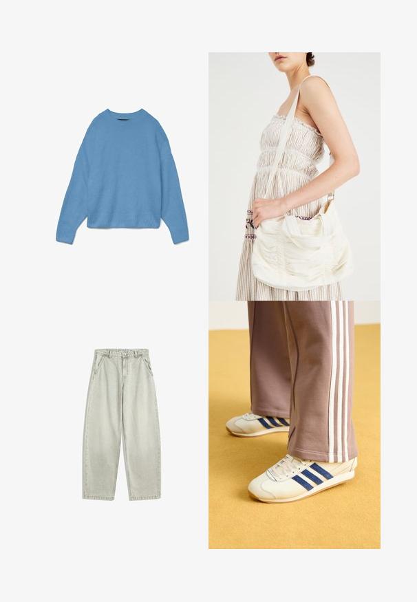 Maglione lavorato a maglia di colore blu chiaro, con scollo tondo, design a spalla scesa e polsini e orlo a costine. Texture morbida, vestibilità rilassata.; Jeans in denim grigio chiaro con vita alta, bottone e zip frontali, tasche laterali oblique e gambe larghe e dritte.; Sneakers crema con strisce in suede blu, lacci bianchi e suola in gomma. Abbinati a pantaloni sportivi grigi con strisce laterali bianche.; Borsa a spalla in tessuto bianco con texture arricciata, tracolla regolabile e dettagli in argento. Esibita accanto a un vestito color crema.