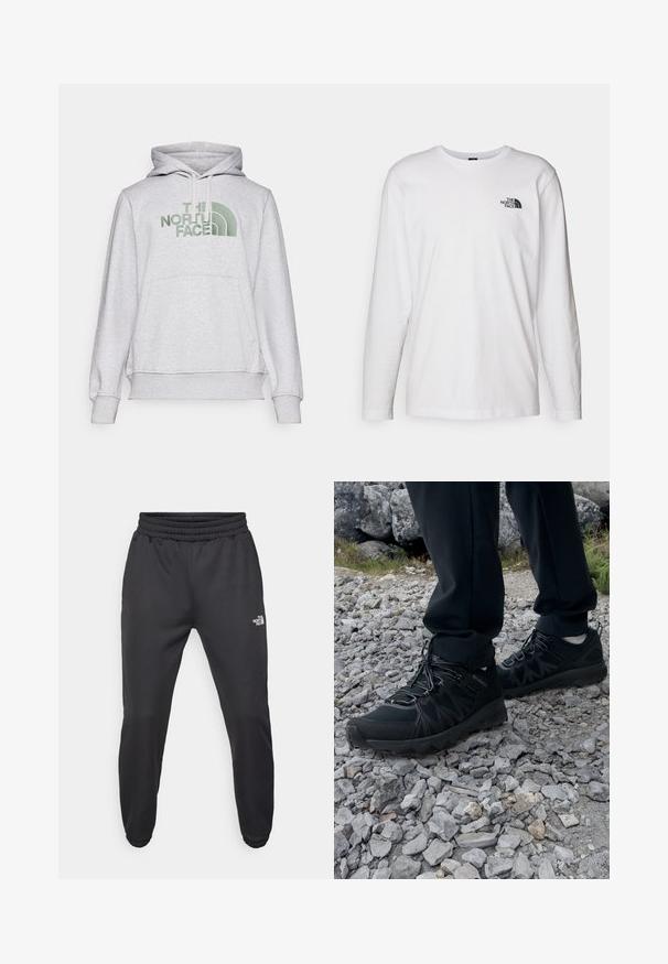 Grau Hoodie aus Sweatshirtmaterial mit einer Kängurutasche vorne, Kapuze mit Zugband und grünem, besticktem Logo auf der Brust.; Weißes langärmliges T-Shirt aus Baumwolle mit Rundhalsausschnitt. Verfügt über ein kleines schwarzes Logo auf der Brust. Glatte Textur, reguläre Passform.; Schwarze Jogginghose mit verstellbarem Bund, schlanker Passform, elastischen Bündchen und einem kleinen weißen Logo am linken Oberschenkel, hergestellt aus glattem Stoff.; Schwarze Outdoor-Schuhe aus Mesh und synthetischem Material, mit einer strukturierten Oberseite, gesichertem Schnürsystem und griffiger Laufsohle, auf felsigem Gelände.