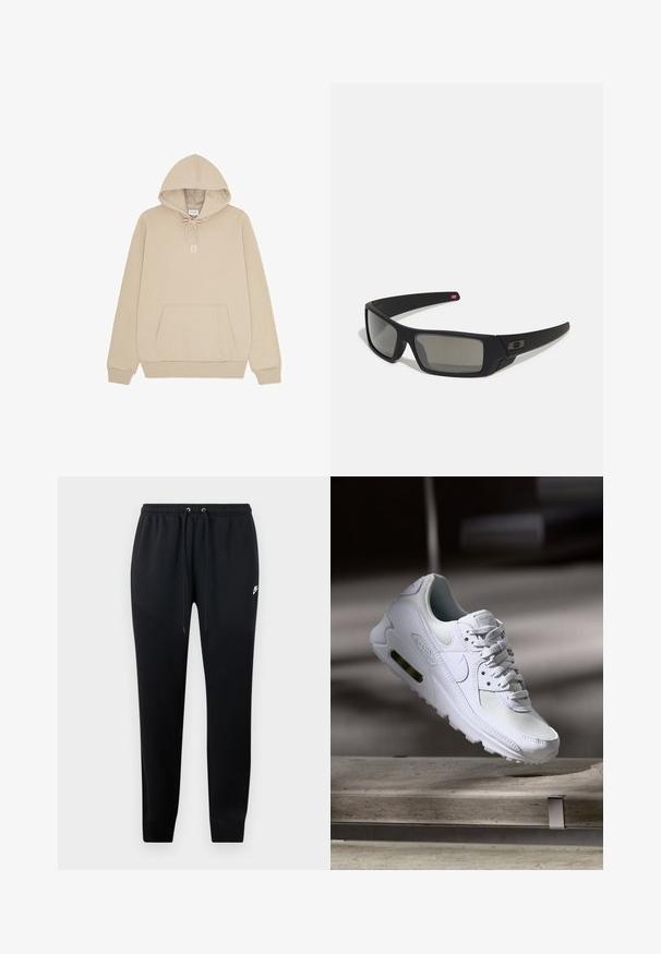 Hanorac din bumbac bej cu buzunar frontal, glugă cu șnur și un mic logo "II" pe piept. Prezintă manșete și tiv cu nervuri.; Pantaloni de trening negri dintr-un material moale, cu un elastic la talie și șnururi de ajustare, cu manșete la glezne și un mic detaliu logo pe lateral.; Adidașii Nike Air Max 90 albi, având un superior din plasă și piele, cutie pentru degete perforată și o unitate de aer vizibilă în călcâie.; Ochelari de soare negri cu o finisare mată, lentile dreptunghiulare, curbură ușoară pe bănci, detaliu subtil cu logo și lentile cu tentă fumurie.