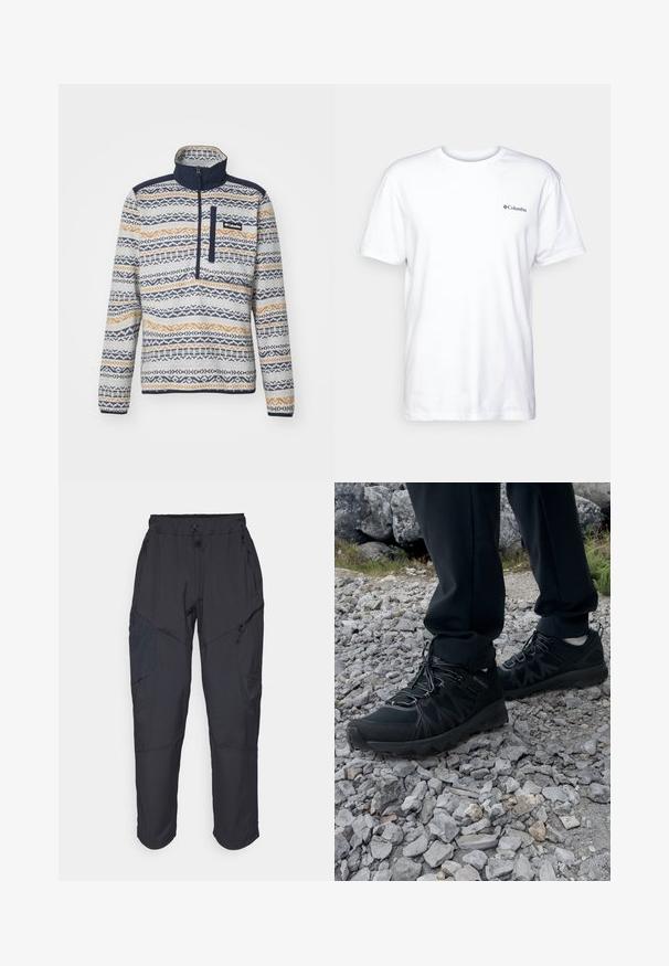 Fleece-Pullover mit einem Reißverschlusskragen, der ein geometrisches Muster in Marineblau, Beige und Creme zeigt. Inklusive einer Brusttasche mit Logo.; Weißes Baumwoll-T-Shirt mit kurzen Ärmeln, Rundhalsausschnitt und kleinem schwarzen Columbia-Logo auf der linken Brust. Weiches, schlichtes Design.; Schwarze Cargo-Hosen aus leichtem, wasserabweisendem Material; verfügen über einen elastischen Bund, mehrere Reißverschlusstaschen und schmal zulaufende Beine.; Schwarze Outdoor-Schuhe aus Mesh und synthetischem Material, mit einer strukturierten Oberseite, gesichertem Schnürsystem und griffiger Laufsohle, auf felsigem Gelände.