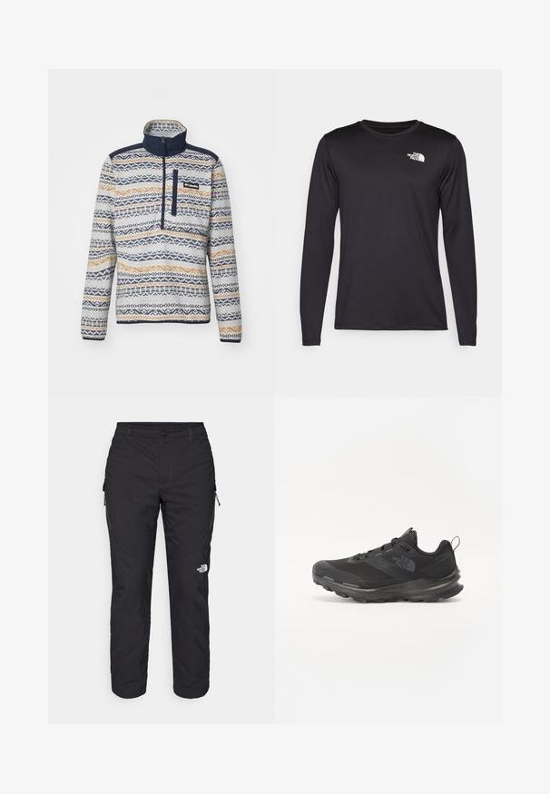 Fleece-Pullover mit einem Reißverschlusskragen, der ein geometrisches Muster in Marineblau, Beige und Creme zeigt. Inklusive einer Brusttasche mit Logo.; Langärmliges schwarzes Performance-T-Shirt aus leichtem Stoff, mit einem weißen Logo auf der oberen linken Brust. Glatte Textur.; The North Face WINTER EXPLORATION TAPERED CARGO - Outdoor-Hose - black; Schwarzer Sportschuh mit Mesh-Obermaterial, Gummisohle und gepolstertem Schaft. Verfügt über Schnürsenkel, Logo an der Seite und ein strukturiertes Design.