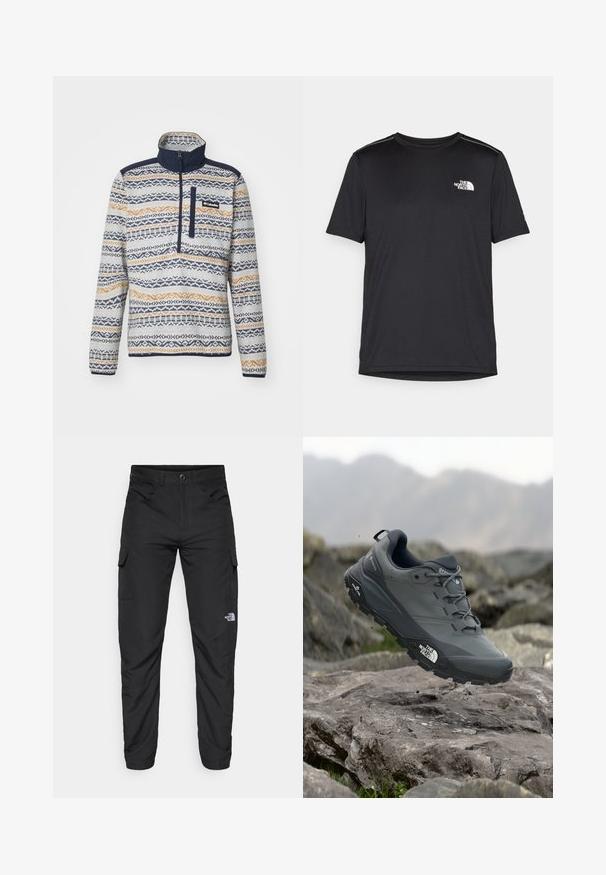 Polarowy pulower z zapięciem na zamek, z geometrycznym wzorem w kolorach granatowym, beżowym i kremowym. Posiada kieszeń na piersi z logo.; Czarny t-shirt z krótkim rękawem, wykonany z lekkiego materiału. Posiada małe białe logo na lewej piersi oraz subtelne akcenty na ramionach.; The North Face HORIZON czarny; Szare buty do biegania w terenie z teksturową cholewką, trwałą gumową podeszwą i wzmocnionym noskiem. Posiadają sznurowadła oraz logo marki z boku.
