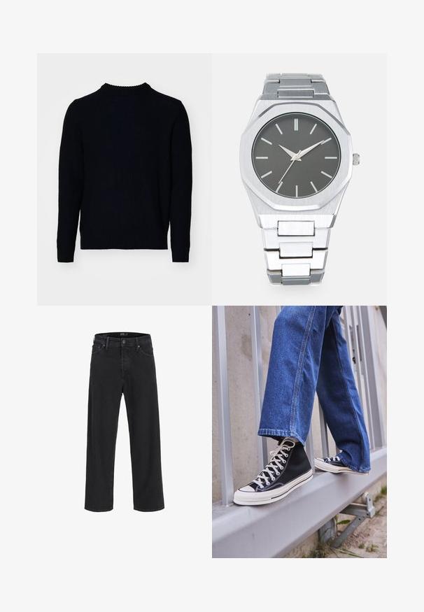 Jack & Jones JJROY KNIT CREW NECK - Džemper - navy blazer; Mustad sirgedega teksapüksid, millel on nööp ja lukuga sulgemine, vöökohaga silmad ning ees- ja tagataskud.; Mustad mustade kõrgete tossudega, millel on valge tallaga ja valged paelad, koos vaba sinise denimidega, mis puhkavad hallil piiridel.; Hõbedane analoogkell, millel on oktagonaalne korpus, hall kelladial, hõbedased näidikud ja roostevabast terasest link-rihm. Minimalistlik disain sujuva tekstuuriga.