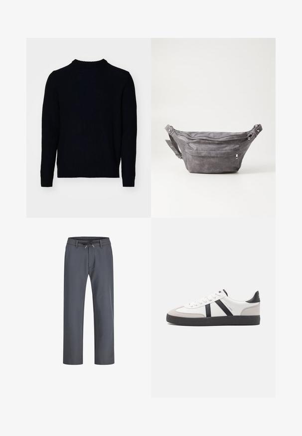 Jack & Jones JJROY KNIT CREW NECK - Jumper - navy blazer; Gray, elastic waistband pants with a drawstring. Straight leg design, made from smooth fabric, feature minimal stitching and no visible hardware.; White sneaker with black and gray accents, featuring a textured gray toe cap, black rubber sole, and flat white laces. Clean design, minimalist style.; Gray suede fanny pack with a rounded shape, two zippered compartments, and adjustable strap. Features metal hardware accents.
