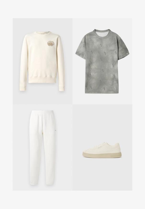 Világos bézs színű, kerek nyakú pulóver, hosszú ujja van és bordázott mandzsettái. A bal mellrészen díszítő hímzett folt található.; Szürke pamut póló, diszkrét AX logó mintával, kerek nyakkal, rövid ujjakkal és laza szabással. Simaszerkezet, enyhén kopott stílussal.; Fehér, puha szövetből készült melegítőnadrág, elasztikus derékrésszel, szűkülő lábakkal és egy kis logóval a bal oldalon.; Fehér vászon sportcipők texturált gumitalppal, varrott orral és logóval díszített sarokkal. Egyszerű fűzős kialakítás.