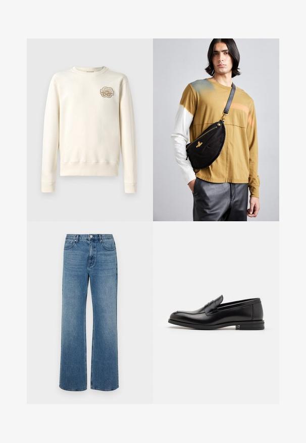 Gaiši bēšs džemperis ar apaļu kakla izgriezumu, garām piedurknēm un ribotām aprocēm. Uz kreisā krūtīm ir dekoratīvs izšūts plāksteris.; Platās kājas zilo džinsu bikses izgatavotas no zila auduma ar izbalējušu apdari. Tām ir piecas kabatas, priekšējais pogu aizdare un taisna piegriezuma forma.; Melnas ādas kurpes ar gludu tekstūru, noapaļu purngalu un dekoratīvu siksniņu pāri priekšpusei. Zems sakrauts papēdis, minimālisma dizains.; Vivienne Westwood CITY BUMBAG UNISEX - Jostas soma - black