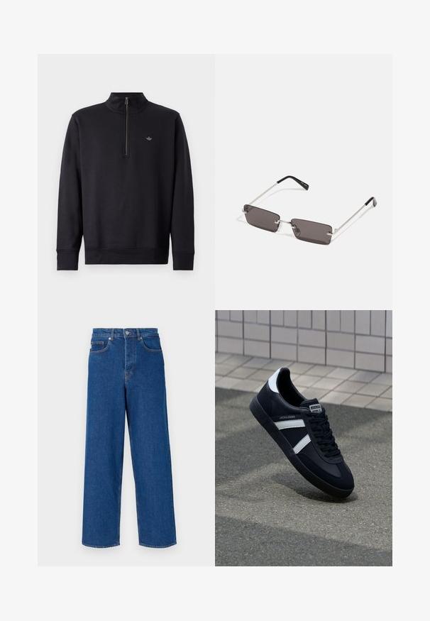 Black sweatshirt with a high collar and a quarter zip. Features long sleeves and a subtle logo on the chest. Smooth fabric texture.; White cotton t-shirt with short sleeves, crew neckline, and a relaxed fit. Smooth texture with no visible patterns or accents.; Wide-leg blue jeans made of denim, featuring a high waist, five-pocket design, and contrast stitching along the seams and pockets.; Black leather sneaker with white stripes, textured rubber sole, and lace-up front. Features a branded label on the tongue.; Sunglasses with rectangular, dark grey lenses, silver metal frames, and black plastic tips on the arms. Lightweight design with nose pads.