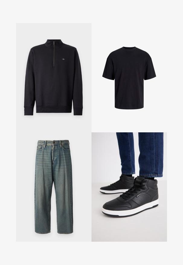 Čierna mikina s vysokým golierom a štvrťovým zipsom. Má dlhé rukávy a decentné logo na hrudi. Hladká textúra látky.; Čierne bavlnené tričko s okrúhlym výstrihom, krátkymi rukávmi a uvoľneným strihom. Hladká textúra bez viditeľných vzorov alebo akcentov.; Svetlomodré denimové nohavice so voľným strihom, stredne vysokým pásom a rovnými nohavicami. Obsahujú päť vreciek, pútka na opasok a zapínanie na gombík.; Čierne vysoké tenisky vyrobené z textúrovanej kože, so šnúrkami rovnakej farby, bielou gumovou podrážkou a malým logom na boku.