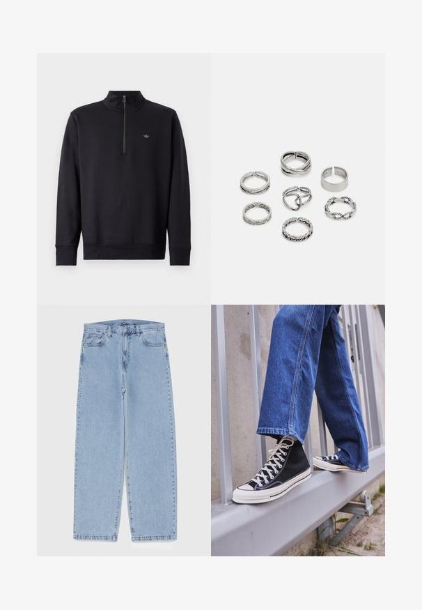 Sweatshirt preto com gola alta e fecho de 1/4. Apresenta mangas longas e um logo discreto no peito. Tecido de textura suave.; Jeans de denim azul claro com design de perna reta, apresentando uma cintura de altura média, cinco bolsos e um fecho de botão e zíper.; Ténis altos pretos com sola e atacadores brancos, combinados com jeans azul desgastado, repousando sobre um corrimão cinza.; Conjunto de sete anéis de prata com vários designs, incluindo padrões torcidos, entrelaçados e gravados. Diferentes formas e larguras.
