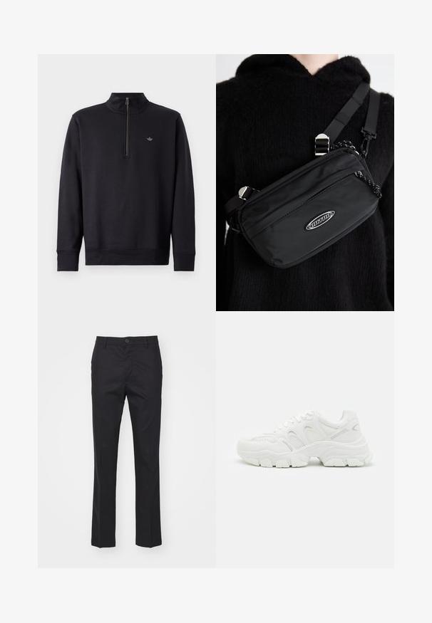Čierna mikina s vysokým golierom a štvrťovým zipsom. Má dlhé rukávy a decentné logo na hrudi. Hladká textúra látky.; Čierne nohavice z hladkej tkaniny, s rovnom nohou, prednými vreckami a jedným gombíkom na zapínanie v páse.; Biele atletické tenisky s vrchnou časťou z polyesterovej sieťoviny a koženými detailmi, štruktúrovanou gumovou podrážkou a robustným dizajnom s výraznými kontúrami.; Čierna nylonová crossbody taška s nastaviteľným popruhom, s hladkou textúrou, predným zipsovým vreckom a akcentom loga.