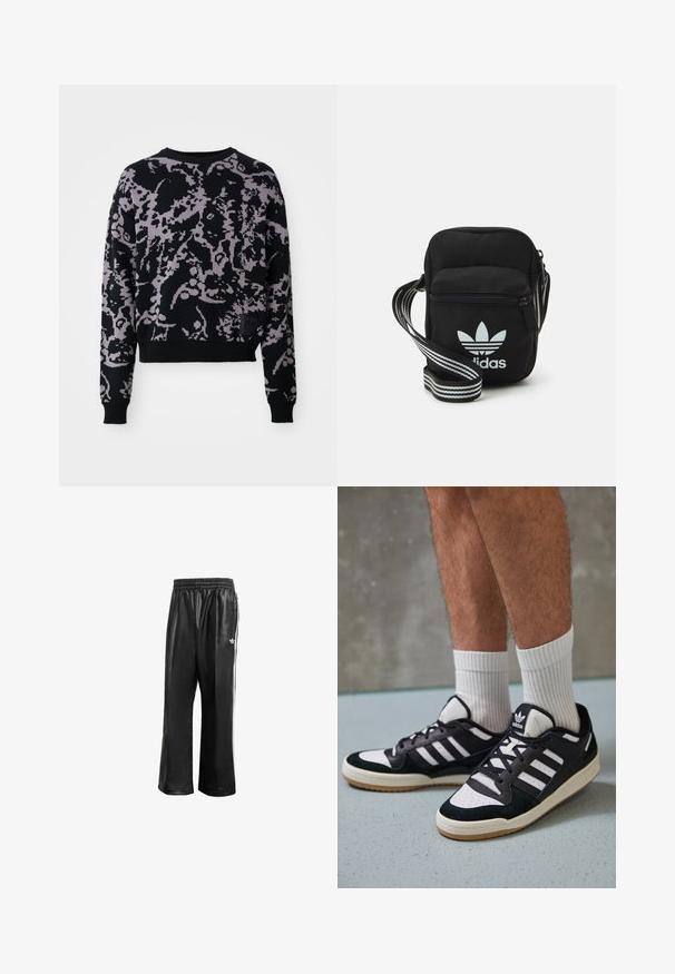 Kötött pulóver, fekete alapszínnel, lila absztrakt mintával. Hosszú ujja van, kerek nyakkivágással, bordás szegéllyel és mandzsettával.; Fekete szintetikus tréningnadrág elasztikus derékkal, fehér oldalcsíkokkal és egy kis fehér logóval a bal csípőn.; Fekete-fehér tornacipők velúr és bőr felsőrésszel, három fehér csíkkal, perforált orral és gumi talppal.; Fekete anyagú, keresztpántos táska cipzáras záródással, fehér Adidas logóval és csíkos állítható pánttal a könnyű hordozás érdekében.