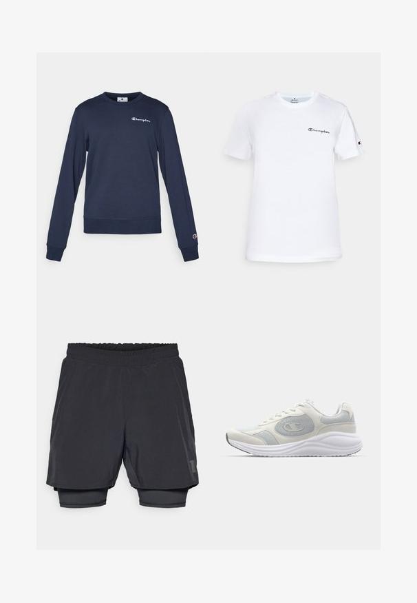Mornariće plavi dukserica napravljena od mješavine pamuka, s dugim rukavima, okruglim izrezom i malim bijelim logotipom na prsima. Smanjeni rukavi i donji rub.; Bijela pamučna majica s okruglim izrezom, kratkim rukavima i crnim izvezenim logotipom "Champion" na prsima i na rukavu.; Crne atletske kratke hlače s elastičnim pojasom, slojevitim dizajnom i uskim unutrašnjim podstavom. Sadrže diskretnu oznaku na donjoj strani.; Bijela atletska cipela s svijetlosivim akcentima, mrežastim i nubuk materijalima, zaobljenim prstom, teksturiranom potplatom i vidljivim logotipom branda s strane.