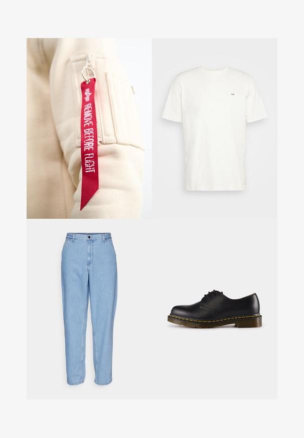 Bézs szövet, cipzáros zsebbel, rajta egy piros szövetcímke fehér felirattal: "REMOVE BEFORE FLIGHT", fém kulcskarikával rögzítve.; Fehér pamut póló kerek nyakkivágással, rövid ujjakkal és egy kis fekete "W.W." logóval a bal mellen. Simaságot biztosító textúra, normál szabás.; Világoskék farmernadrág, laza szabású, magas derékkal és egyenes lábakkal. Elöl zsebekkel és fém gombos záródással rendelkezik.; Fekete bőr cipő lekerekített orral, fűzős kialakítással, sárga varrással a talp mentén és masszív, texturált gumi talppal.