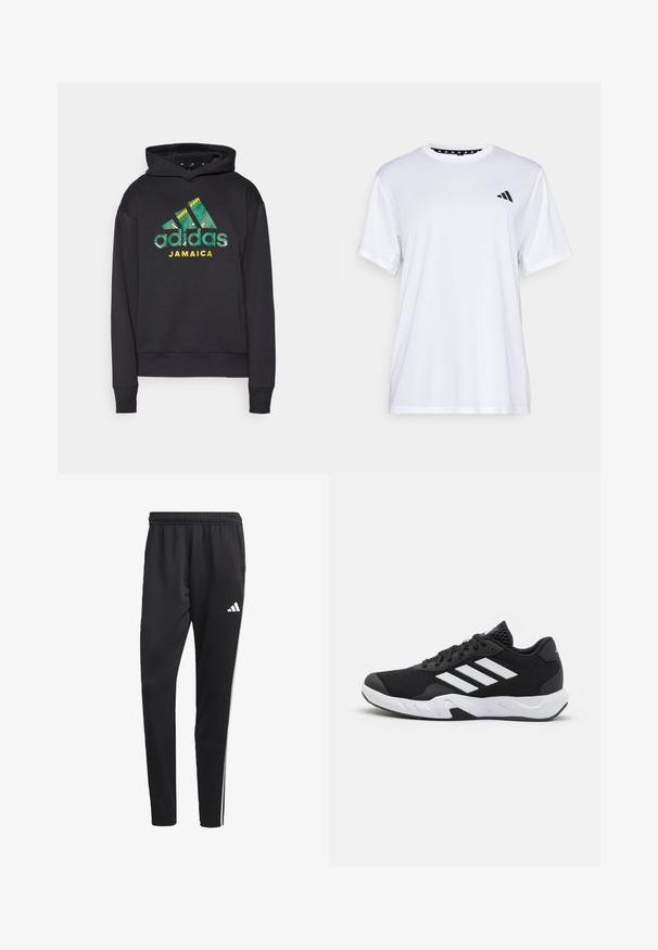 adidas Performance JAMAICA JFF SZN DK HOODIE - Mikina s kapucňou - black; Biely športový tričko s krátkymi rukávmi, vyrobené z materiálu, ktorý odvádza vlhkosť. Má čierne logo na ľavej hrudi a vzorovaný vnútorný golier.; Čierne športové nohavice s elastickým pásom, bielymi bočnými pruhmi a malým bielym logom na stehne. Vyrobené z hladkého, ľahkého materiálu.; Čierne športové topánky s textúrovaným sieťovinovým zvrškom, bielymi akcentovými pruhmi, polstrovanou podrážkou a spevneným pätou pre podporu.