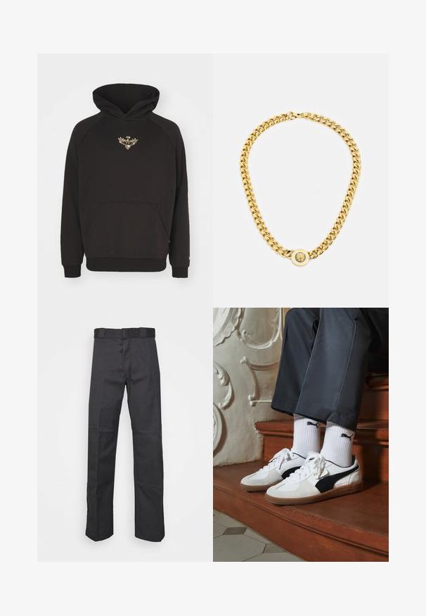 Hanorac negru din material moale, cu un buzunar tip kangur pe față și un design brodat cu fir auriu pe piept. Manșete și tiv cu model cordon.; Pantaloni negri dintr-un material durabil, cu un design drept, talie cu bucle pentru curea și cusături pentru a adăuga textură.; Adidași Puma din suede alb și negru, cu o talpă din cauciuc maro. Asortați cu șosete albe care au un logo negru, purtate cu pantaloni închiși la culoare.; Colier din aur cu mari zale interconectate, având un detaliu central sub formă de pandantiv circular cu un emblemă proeminentă.