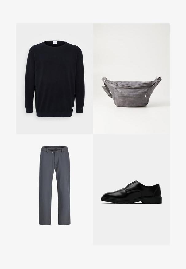 Svart strikket genser med rund hals og lange raglan ermer. Har ribbede mansjetter og hem, strukturert stoff, og en liten etikett på hemmet.; Grå bukser med elastisk midjebånd og snor. Rett ben-design, laget av glatt stoff, med minimalt søm og uten synlig utstyr.; Sorte lærdressko med en glatt overflate, rund tå, snøring og en diskret gummisåle for godt feste.; Grå semsket fanny pack med avrundet form, to glidelåslommer og justerbar stropp. Har metallbeslag som detaljer.