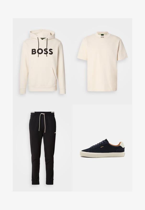 Krémová mikina s kapucňou a čiernym textom "BOSS" na hrudi, čiernymi šnúrkami a prednou kengurou vreckom.; Krémové tričko s krátkym rukávom a vysokým golierom, s nápisom "BOSS" potlačeným čiernou farbou na prednom krku a vo vnútornom štítku.; Čierne slim-fit teplákové nohavice s bielou šnúrkou na stiahnutie, rebrovanými manžetami a nenápadným logom na hornej strane stehna na jednofarebnom pozadí.; Námornícke semišové nízke tenisky s béžovou podrážkou, kontrastným hnedým interiérom a logom na vonkajšej strane. Majú okrúhle šnúrky a hladkú textúru.