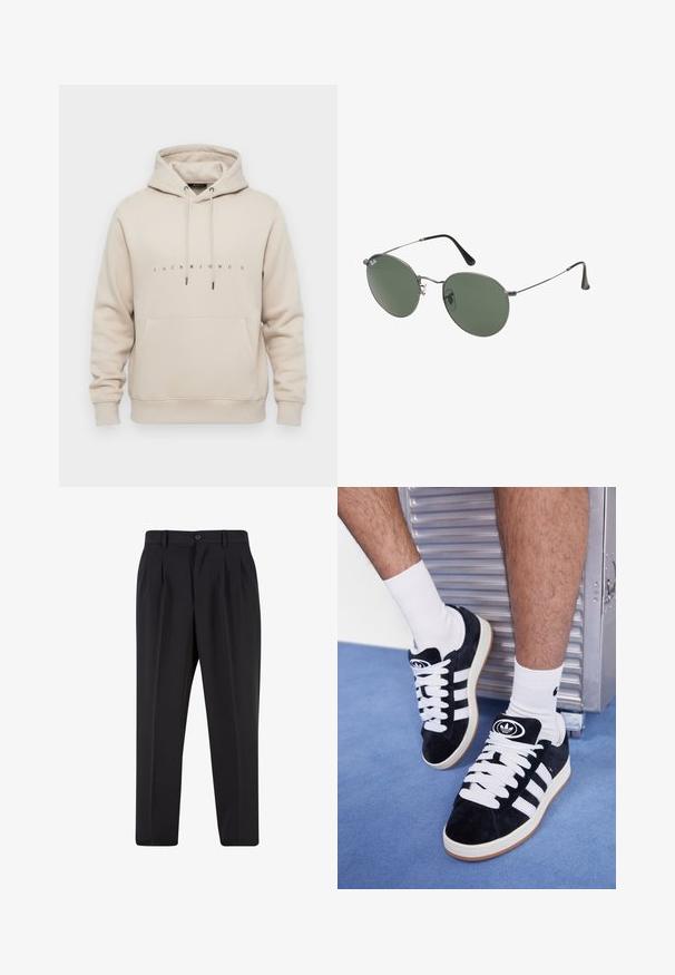 Felpa beige con tasca frontale, cappuccio con lacci e "JACK & JONES" stampato in piccole lettere nere sul petto.; Pantaloni neri con design a pieghe sul davanti, realizzati in tessuto morbido. Presentano una chiusura con bottone e passanti per cintura; vestibilità a gamba dritta.; Sneakers in suede nero con lacci bianchi e tre strisce bianche. Presentano un logo circolare nero sulla linguetta e una suola in gomma color gomma.; Occhiali da sole con montatura in metallo e lenti verdi ovali. Montatura sottile in metallo argento e terminali neri. Design minimalista, senza loghi visibili.