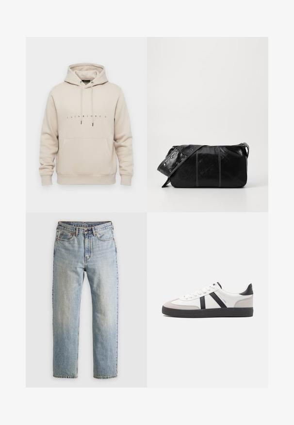 Vaaleanbeige huppari, jossa on etutasku, nyöri hupussa ja rinnan kohdalla pienillä mustilla kirjaimilla "JACK & JONES" kirjailtuna.; Vaaleansininen farkut, joissa on korkea vyötärö, etunappi, vetoketju ja viisi taskua, asetettu tasaisesti neutraalille taustalle.; Valkoiset lenkkarit mustilla ja harmailla yksityiskohdilla, joissa on teksturoitu harmaa kärki, musta kumipohja ja litteät valkoiset nauhat. Siisti muotoilu, minimalistinen tyyli.; Mustakulmainen nahkainen olkalaukku, jossa on vetoketjukiinnitys, teksturoitu pinta, valkoiset ompeleet ja hihna, jossa on hopeiset niitit.