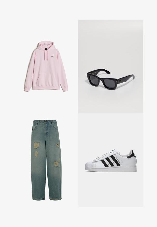 Světle růžová mikina s kapucí, z bavlněné směsi, s přední klokaní kapsou, nastavitelnou šňůrkou na kapuci a malým logem na hrudi. Měkká textura.; Světle modré džíny s volným střihem, které mají více roztrhaných záplat a třepící se okraje. Klasický design s pěti kapsami.; Bílé tenisky Adidas Superstar s černými pruhy, špičkou ve tvaru skořápky a textem "Superstar" na boku, zobrazené v levém profilu na bílém pozadí.; Černé sluneční brýle s lesklým povrchem, obdélníkovým rámem, tmavými skly a zlatými logovými akcenty na spáncích. Dvě zlaté tečky na každém předním rohu.