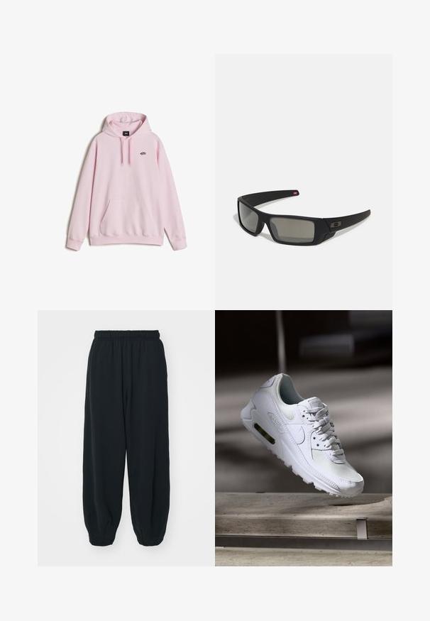 Světle růžová mikina s kapucí, z bavlněné směsi, s přední klokaní kapsou, nastavitelnou šňůrkou na kapuci a malým logem na hrudi. Měkká textura.; Černé teplákové kalhoty s elastickým pasem, volným střihem, manžetami na kotnících, hladkým povrchem a bez viditelných vzorů či kovových detailů.; Bílé tenisky Nike Air Max 90 s vrchním materiálem z textilu a kůže, perforovanou špičkou a viditelnou vzduchovou jednotkou v patě.; Černé sluneční brýle s matným povrchem, obdélníkové čočky, mírná křivka na spáncích, nenápadný detail loga a čočky s kouřovým zabarvením.