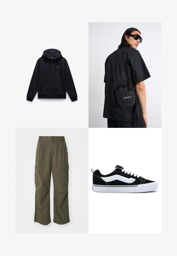 Sudadera azul marino con un bolsillo frontal tipo pouch, capucha ajustable y un logo sutil en el pecho. Textura suave y corte relajado.; Camiseta blanca de manga larga hecha de algodón. Diseño de cuello redondo con puños acanalados y un pequeño logo en la manga izquierda. Textura suave.; Pantalones cargo en verde oliva, fabricados en algodón, con un diseño de pierna ancha, pliegues y bolsillos laterales para mayor utilidad.; Zapatillas de ante negro con acentos blancos, que presentan un diseño de corte bajo, cierre con cordones y una gruesa suela de goma blanca. Logo de la marca en el talón.; Camisa negra de manga corta llevada por una persona, combinada con una pequeña mochila negra con cordón que presenta un logo blanco. El entorno es neutral y minimalista.; Conjunto de siete anillos de plata con diversos diseños, incluidos patrones retorcidos, enlazados y grabados. Diferentes formas y anchos.