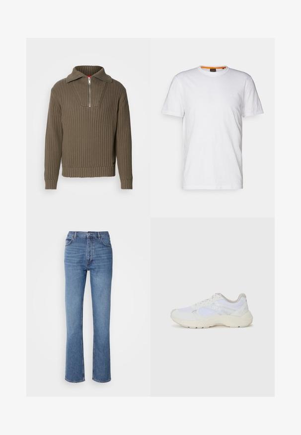 Pulover maro cu nervuri, cu fermoar la jumătate și guler lat. Prezintă un material texturat și un tiv ușor scurtat. Design simplist.; Tricou alb din bumbac, cu guler rotund, mâneci scurte și un logo subtil embosat pe piept. Eticheta interioară are un accent portocaliu.; Jeans din denim albastru cu talie înaltă, design cu picior drept și decolorare subtilă. Prezintă un stil clasic cu cinci buzunare și închidere prin fermoar.; Adidași albi, din plasă și piele întoarsă, cu o talpă intermediară texturată, accente texturate și logo-ul "HUGO" pe lateral.