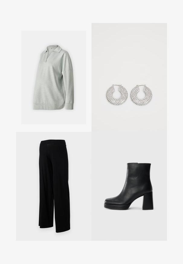 Svijetlosivi pulover s dugim rukavima i ovratnikom, opuštenog kroja. Izrađen od mekanog materijala s glatkom teksturom i suptilnim uzorkom.; Crne hlače širokih nogavica s elastičnim pojasom i glatkom, rastezljivom teksturom. Imaju jednostavan dizajn, bez uzoraka ili ukrasa.; Crna kožna čizma do gležnja s blok petom i platformom, prikazana s bočne strane na jednostavnoj bijeloj pozadini.; Srebrne kružne naušnice ukrašene brojnim čistim kristalnim detaljima, s teksturiranom površinom i otvorenim kružnim dizajnom.